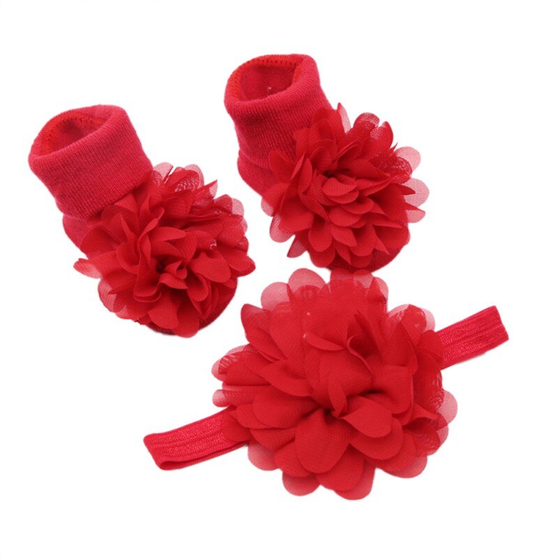 2PCS/Set Newborn Soft Socks Baby Big Velvet Stretch HeadBand+Non-slip Cotton Socks Two-piece Children Headwear Hairband: R