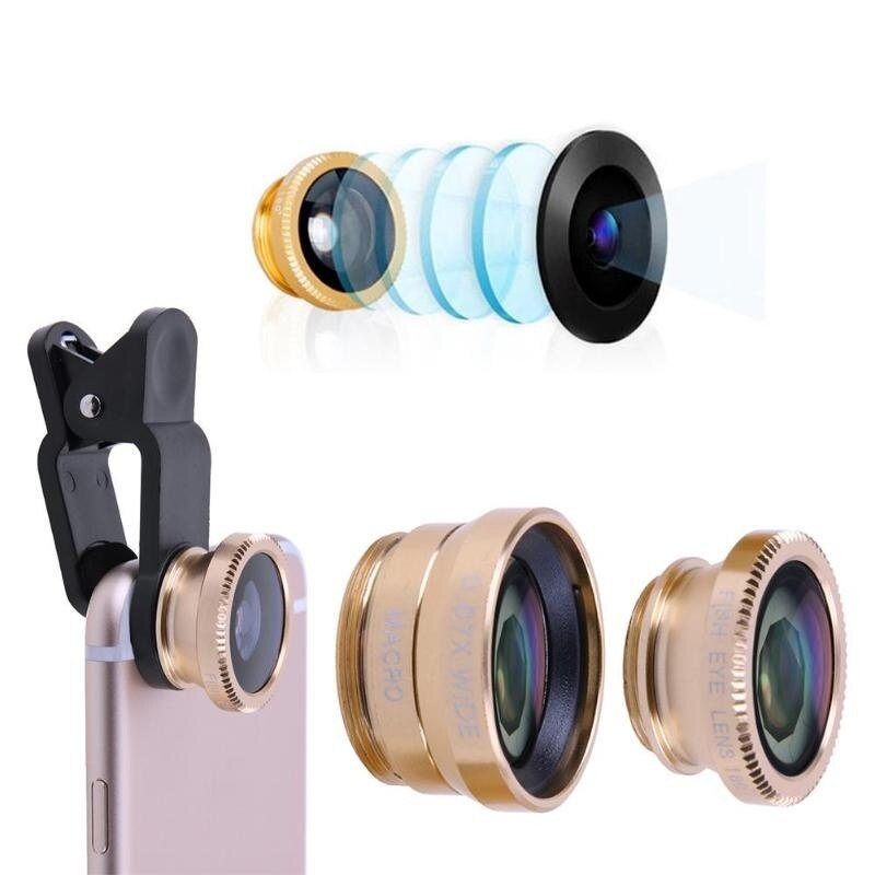 3 In 1 Groothoek Macro Fish Eye Lens Universele Mobiele Fisheye Lenzen Voor Iphone Samsung Huawei Xiaomi Redmi camera Kits: Gold