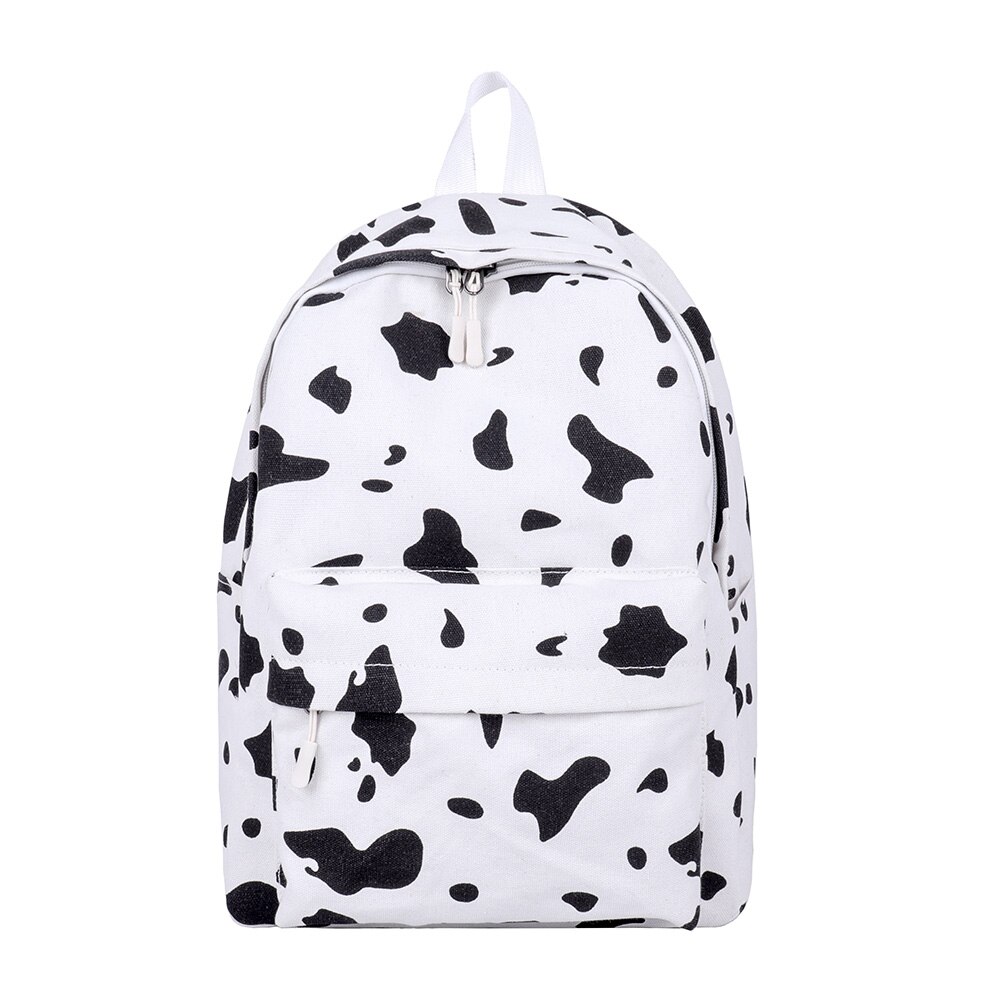 Women Multi-pocket Backpack Cow Milk Pattern Large Capacity Backpack Canvas Daily School Bag For Teenager Girls: Large  White