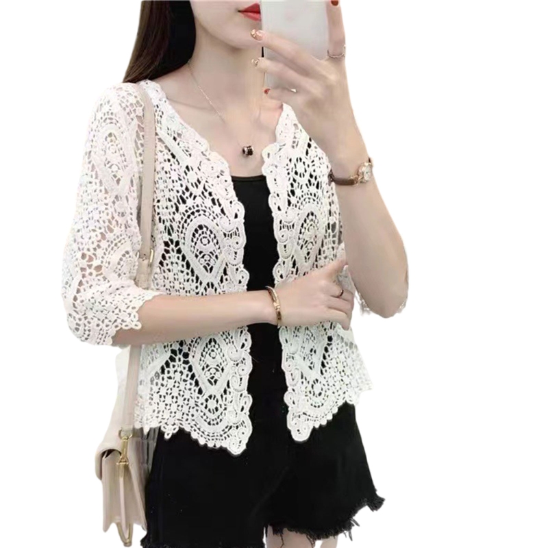 Women Knitted Lace Shrug Boho Hollow Crochet Floral 3/4 Sleeves Open Front Cropped Cardigan Mesh Sweater Coveup: WHITE