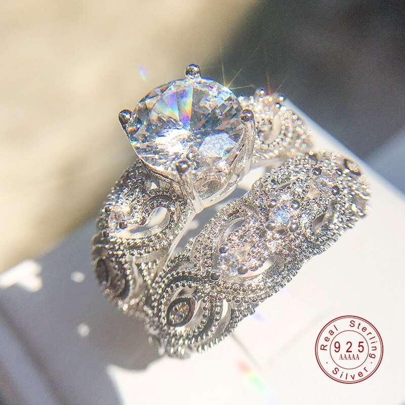 White CZ Stone Ring Sets Silver Color Hollow Out Rings Wedding For Women Couple Ring For Lover Accessories