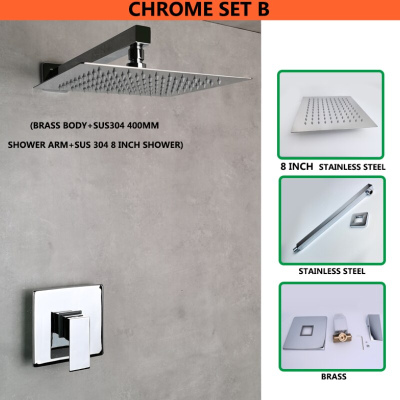 Shine Chrome Square Concealed In Wall Head Shower Set System with Ultra thin 8 inch 304 Stainless Steel or ABS Top Shower