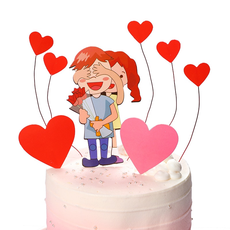 Romantic Love Heart Shaped Lovers Cake Topper Valentine's Day Theme Wedding Anniversary Cake Decoration Party Supplies