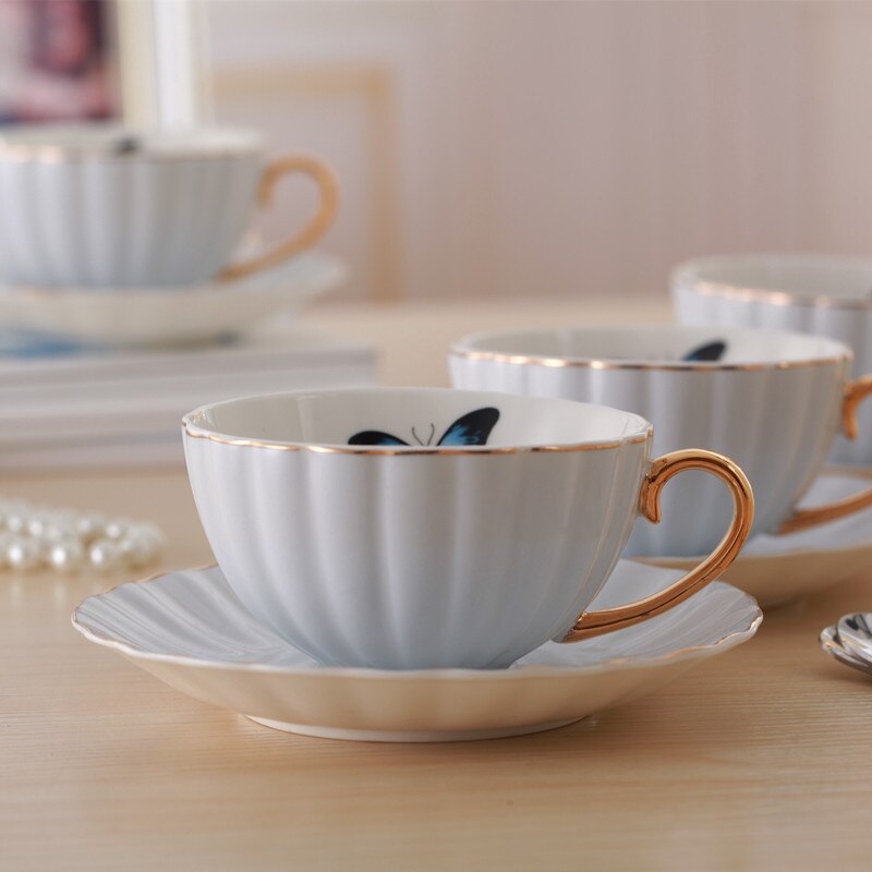 Coffee Mug Pink Cute Porcelain Cup and Saucer Ceramics Simple Tea Modern Water Cups Best: Blue with pattern