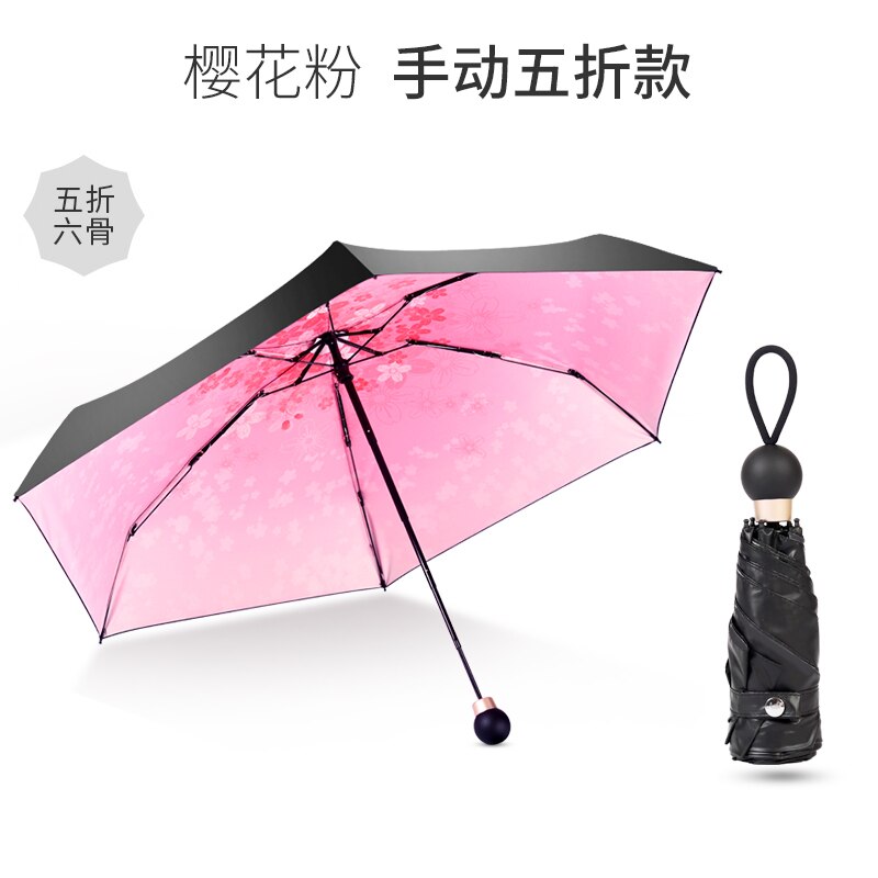 Mini paraguas coreano de protección Uv 5 paraguas plegable Upf50 + paraguas sombrilla de recubrimiento negro de mujer paraguas Sakura de U6B: D