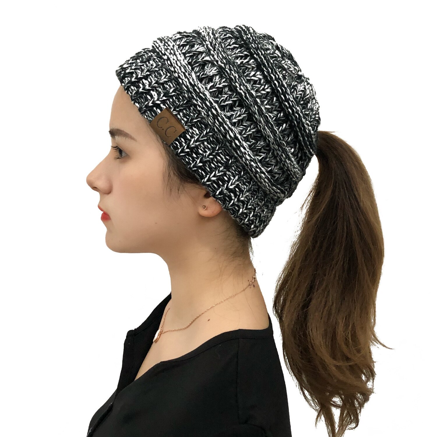 Winter Hats For Women Pompom CC Beanie Horsetail Caps Cross Criss Ponytail Hat Girls Warm Knitted Thick Outdoor Ski Cap: Black Flowers