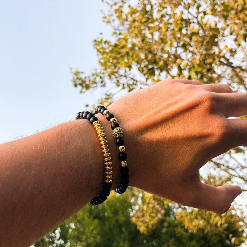 Mode 2 Stks/set Disco Armband Mannen Handgemaakte Pave Cz 6Mm Matte Bead Strand Armband Voor Mannen Sieraden