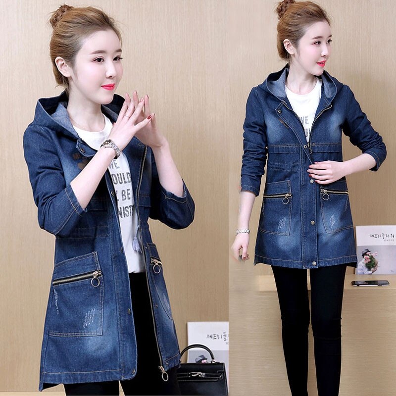 Plus size denim trenchcoat hette løst yttertøy for kvinner langermet middels lang kvinnefrakk  qw038