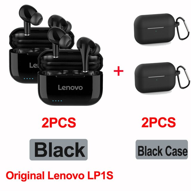 Original Lenovo LP1S TWS Wireless Headphones Bluetooth 5.0 HiFi Earphone Stereo bass with Mic Headset IPX4 Waterproof: 2 black with case