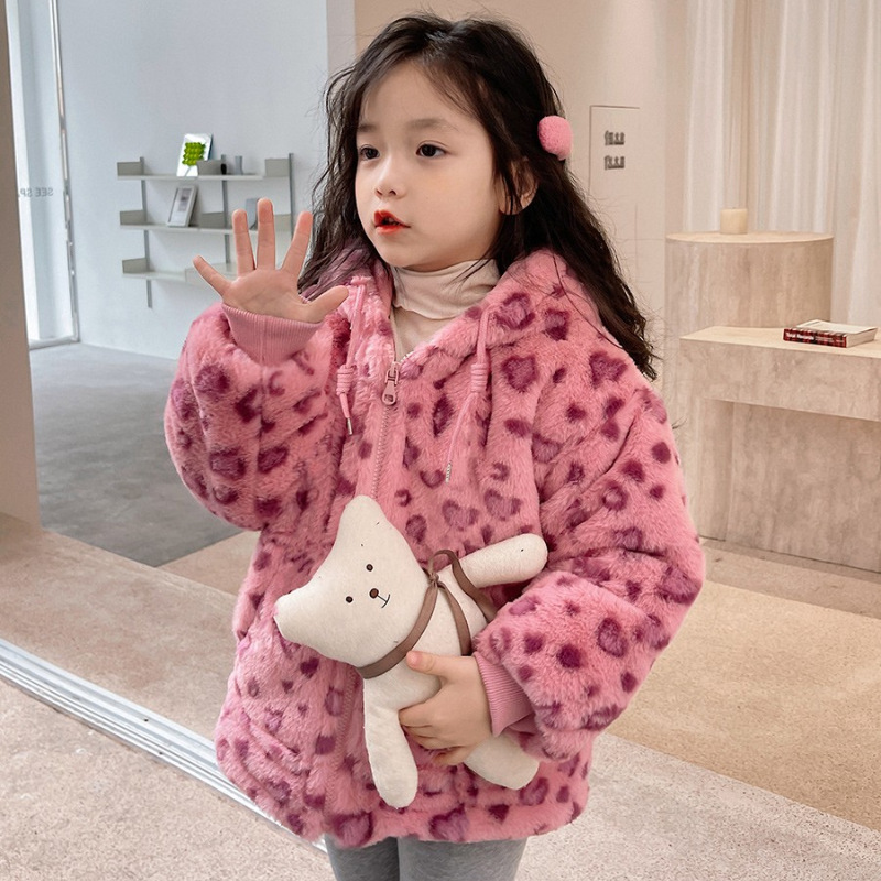 Girls Winter Hooded Jacket Fuzzy Thick Warm Pink Leopard Print Coat 3-7 Years Children Zipper Pink Outerwear Clothes