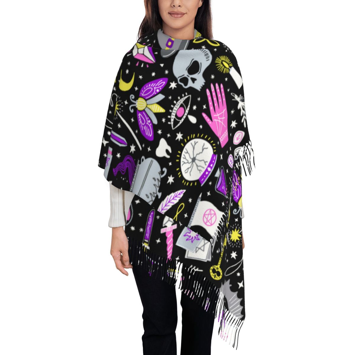 Bufanda celestial con estampado personalizado de cigarra esotérica y polilla, bufandas cálidas para hombres y mujeres, chales góticos con de sol y luna: Marfíl