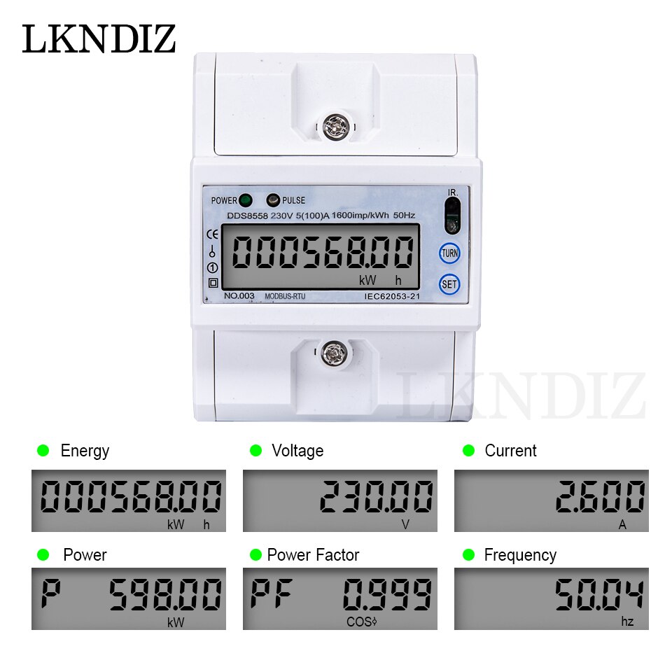 5-100A 230V Upgraded Multi function Single Phase AC Energy Meter Electric Consumption Meter Monitor DIN Rail with RS485 Modbus: without Backlight