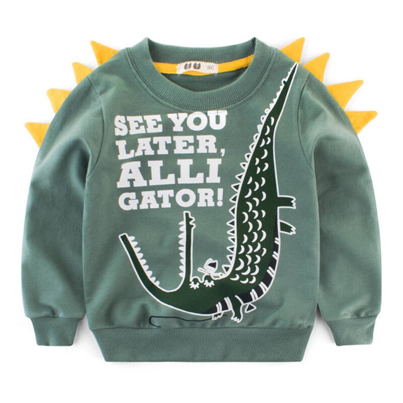 Camiseta de dibujos animados para niños, ropa de cocodrilo de dinosaurio, conjunto de pantalones de manga larga a rayas, conjunto de 2 piezas, traje de algodón suave para niños: green 100976 / 7