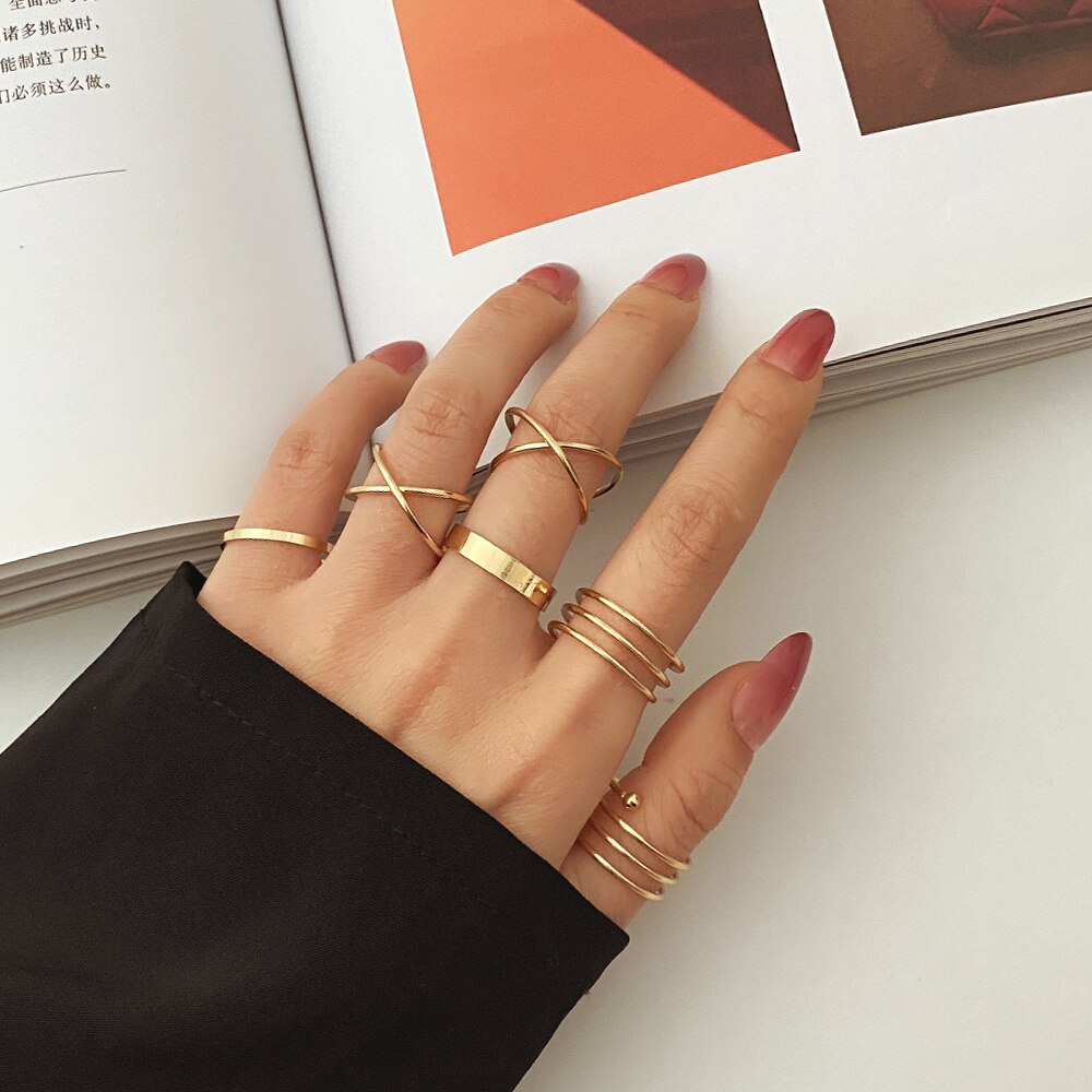 IFMIA 6 sztuk/zestaw Punk Ring Finger minimalistyczny gładkie złoto/czarny geometryczne metalowe pierścionki dla kobiet dziewczyn Party biżuteria Bijoux Femme
