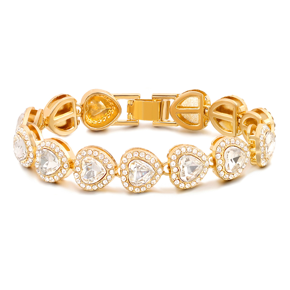 Cadena de tenis con corazón de cristal helado, pulsera de cadena de eslabones cubanos de Miami para mujeres y hombres, pulseras de cadenas gruesas de hip hop, joyería: 16 cm / Estampado en caliente