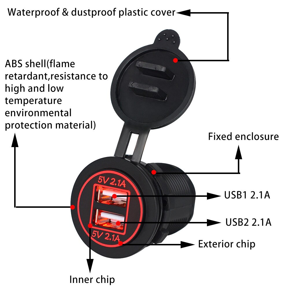 5V 4.2A Dual USB Universal Car Phone Power Adapter For 12V 24V Motorcycle It Can Be Used For Mobile Phones Tablets IPAD