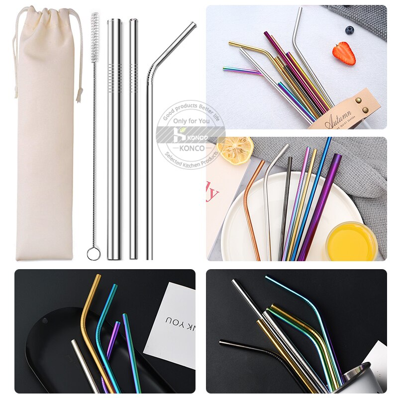 Konco Metal Straws Stainless steel reusable Straw Tea Coffee drinking Straws with clean brush Portable straw bags