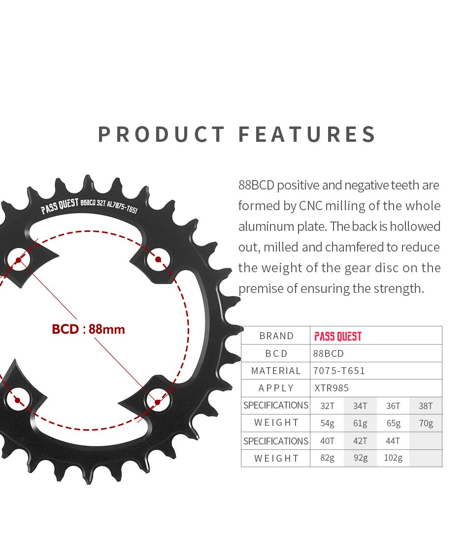 Pass Quest round-piñón estrecho 88bcd para bicicleta, Piñón redondo adecuado para Shimano XTR985, 32t, 34t, 36t, 38t, 40t, 42t, 44t