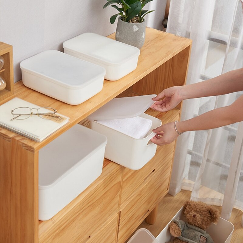Plastic White Stackable Storage Box Bin with Clear Lid Handles Multifunctional Clothes Sundries Desktop Basket Organizer
