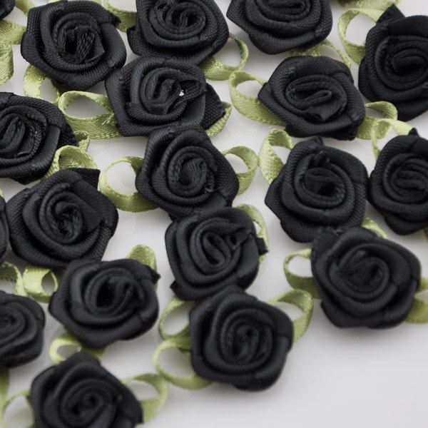 50 pcs Satin ruban fleurs arcs Rose couture mariage Appliques artisanat B039: Black