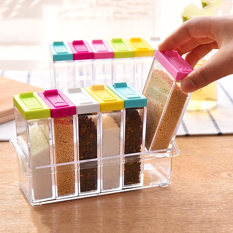 New Acrílico Transparente Colorido Tampa do Frasco da Especiaria Caixa de Tempero 6 pçs/set Utensílios de Cozinha Sal Galheteiro Condimento Caixa De Recipientes De Armazenamento