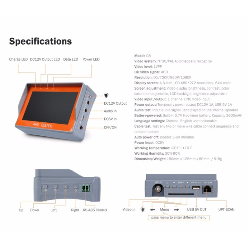 2 in 1 Analog Video With Network Cable Tester 4.3 in TFT LCD Monitor W/ Battery