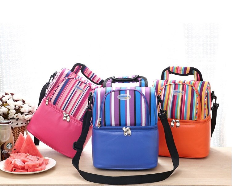 Double Stripes Portable Picnic Lunch Thermal Bag Oxford Shawl Storage Cooler Bag Refrigerator for Breast Milk