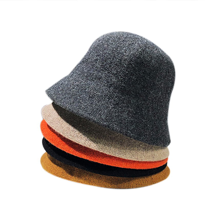 Bucket hats Autumn winter dome wool warm knitted Hat Women simple black woolen yarn basin cap Vintage weave casual hat