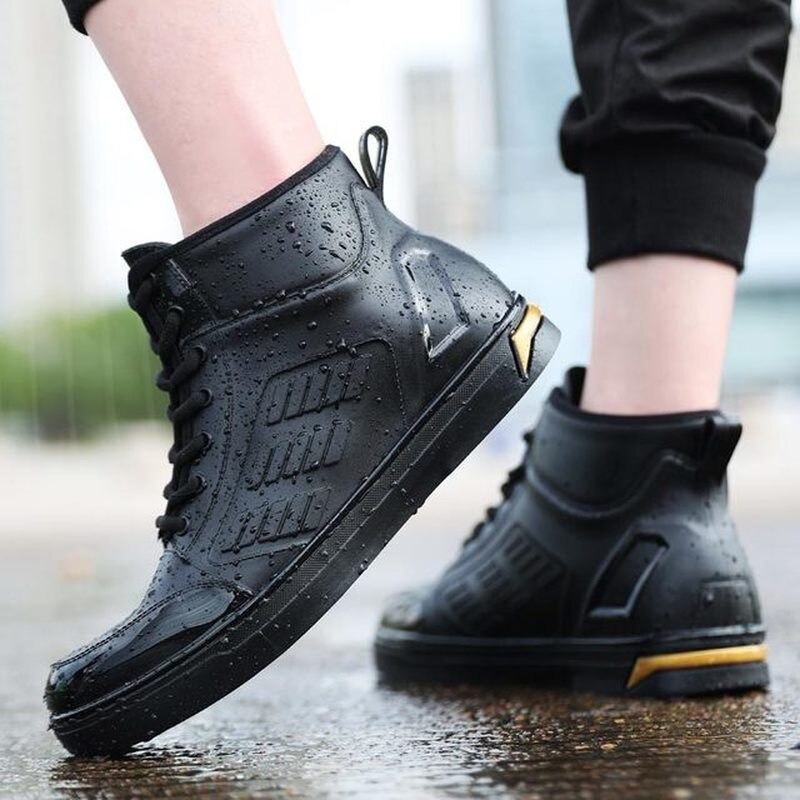 Men's Rainboots Waterproof Rain Shoes Men Rain Boy Water Shoes Rubber Black Ankle Boots Lace-Up Shoes for Mens Boots