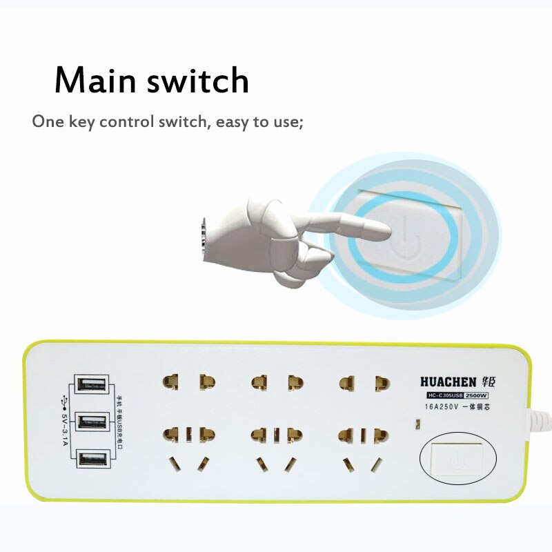 Extension Socket - 6 AC Outlets + 3 USB Ports - 3.1A Total - 1.8m Cord - 2500W Power Strip