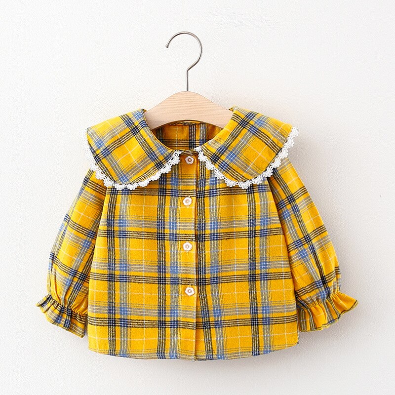 Autumn Baby Girls Lace Collar Plaid Shirt: Yellow