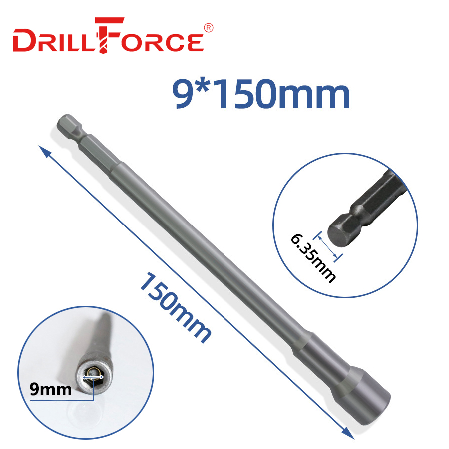Drillforce 5.5-19x150mm Magnetic Nut Driver Set Impact Socket Sleeve Adapter Screwdriver Drill Bit 1/4" Quick Change Hex Shank: 9x150mm