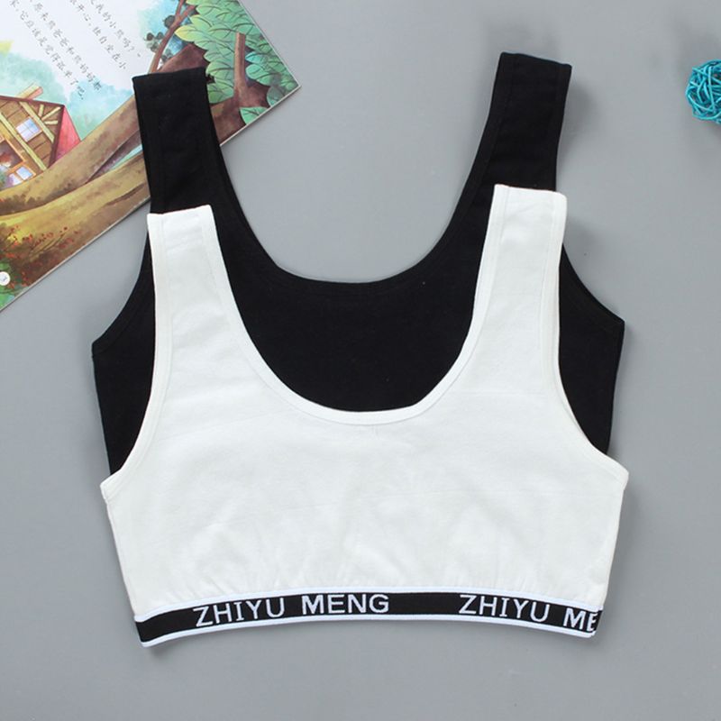 Kids Cotton Sports Training Bra Underwear Solid Color Letters Printed Scoop Neckline Teenage Puberty Girl Wireless Bralette Vest