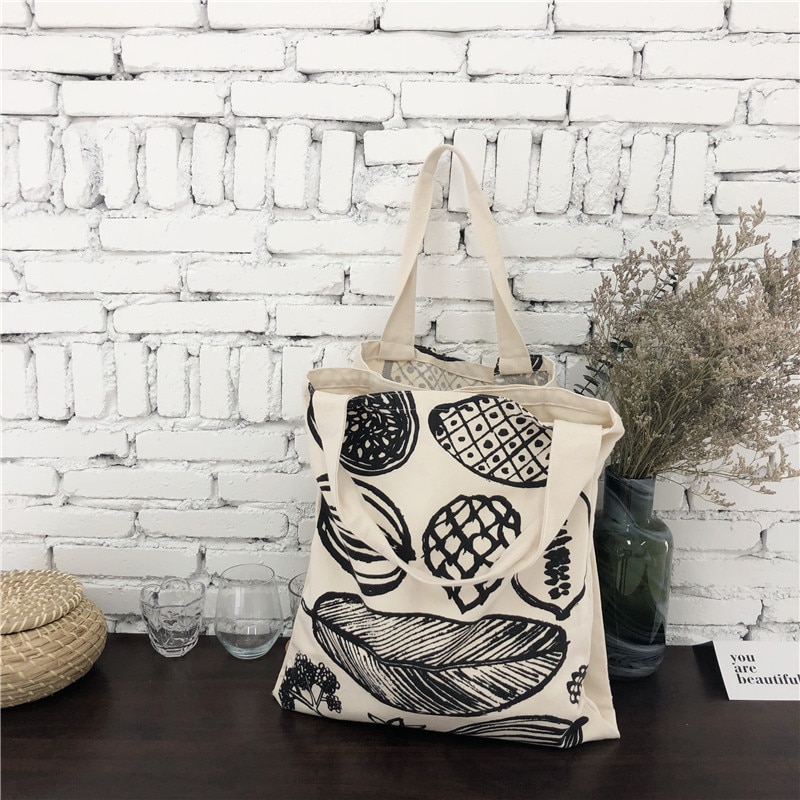 Women Canvas Shoulder Bag Leaf Printing Female Large Capacity Shopping Bag Lady Eco Pure Cotton Beige Handbag Junior Miss Tote