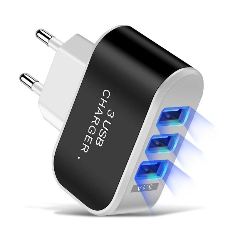 Candy Color 5V 1A US EU Plug 3usb 3 Ports USB Wall Home Charger Adapter For IPhone Samsung OPPO Charging Adapter With Indicator: EU Black