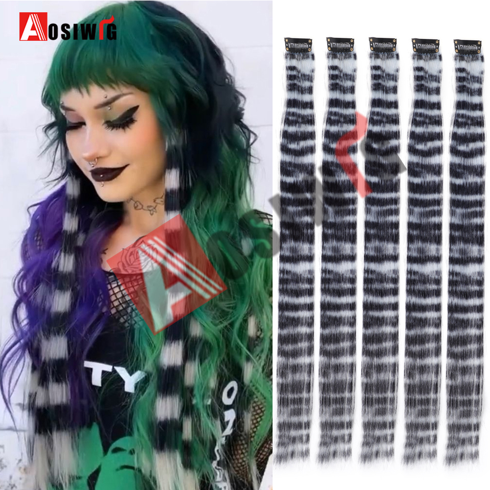 5PC Synthetic Feather Hair Extensions With Clips Heat Resistant Straight Hair Extensions Color Colored Black Hair Clip Womens 8G: T1B/613
