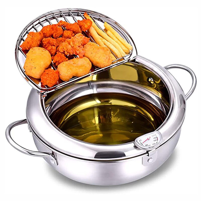 Fryer Pot with Thermometer Tempura Fryer Pan Kitchen Deep Frying Pot With Oil Drain Rack Kitchen Utensils Cookware