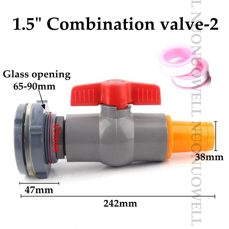 1Set 1/2"1" Combination Valve Aquarium Pagoda Connector Fish Tank Drain Joint Aquarium Hose Drainage Accessories Valve Assembly: 1.5in valve 2