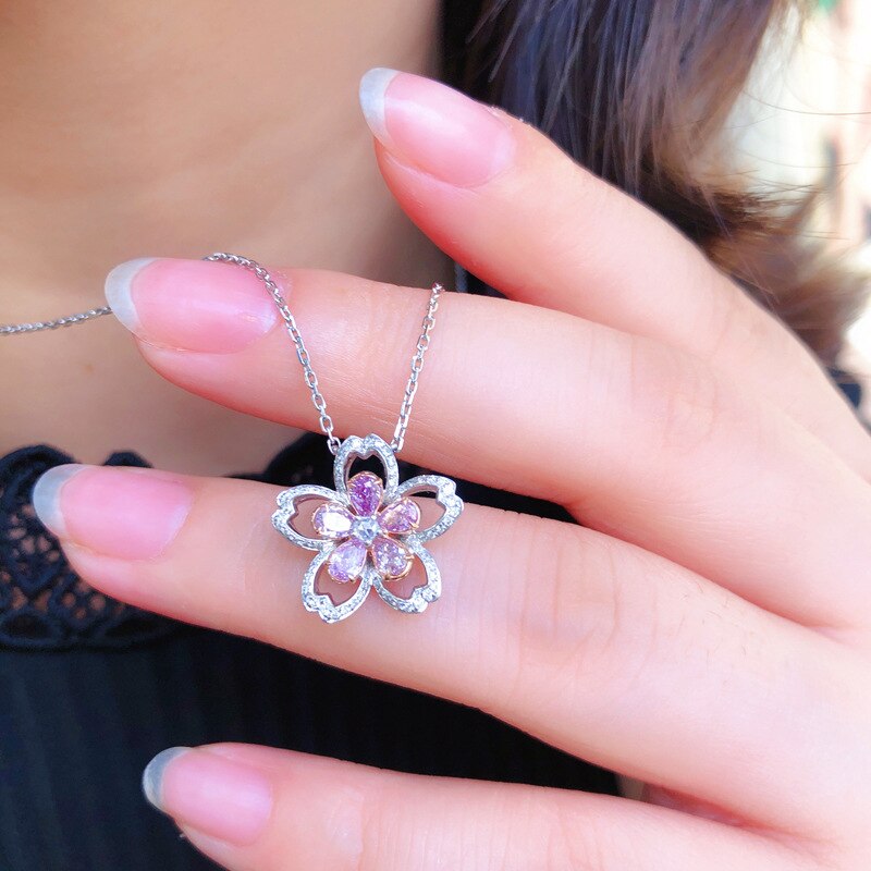 2022 Spring Cherry Flower Silver Color Earrings Pendant Necklace Pink Jewelry Set Bling Zircon Wedding Bridal for Brides Jewelry