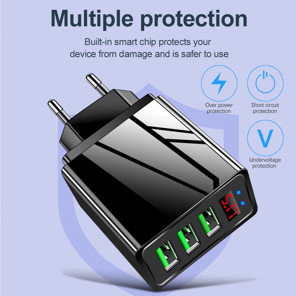 Usb Charger Led Digitale Display Voor Iphone11 7 8 Samsung S8 S9 S10 Plus Eu Ons Uk 3 Port Usb mobiele Telefoon Oplader Adapter