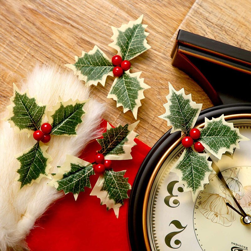 Plastic Flower Artificial Leaf Leaves and Artificial Holly Berries Red Cherry Little Fruits Christmas Wedding Home Decoration