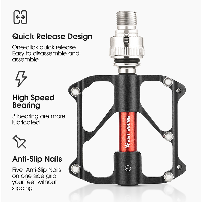 Pedales de bicicleta WEST BIKING, pedales de bicicleta de liberación rápida con 3 rodamientos, pedales de bicicleta de carretera MTB de aluminio ultraligeros antideslizantes, piezas bmx