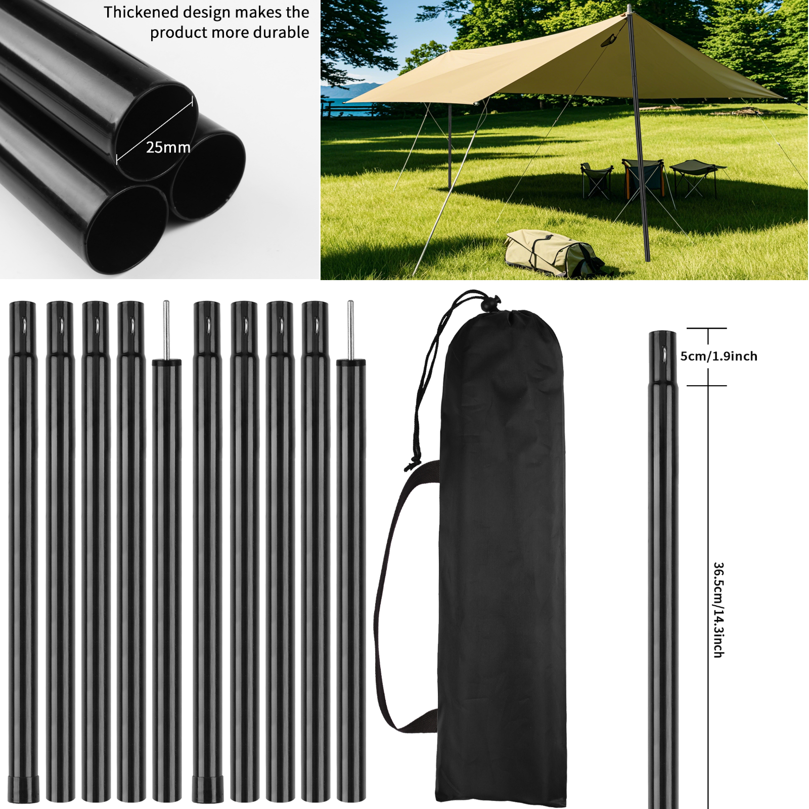 impostato di pali per tenda telescopici da 2 m, impostato di 2 pali pieghevoli da campeggio leggeri e regolabili per escursioni a baldacchino da passeggio: nero
