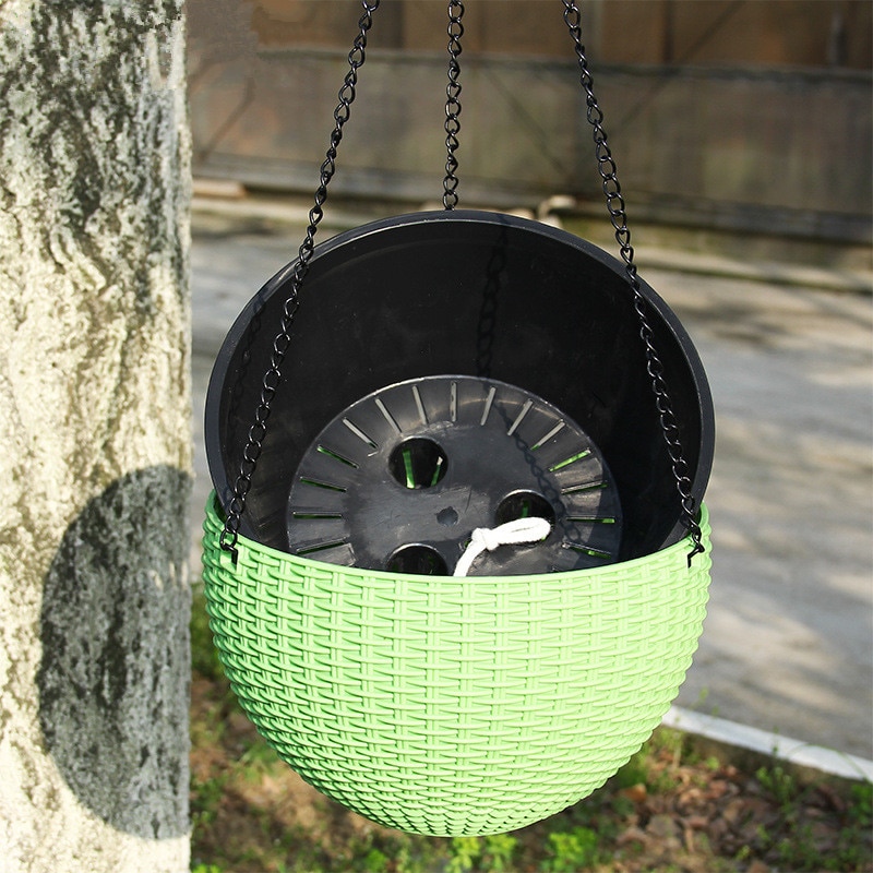 Rattan hængende kurv plast planteskole urtepotte hængende have plante opbevaring potter boligindretning bonsai holder: Grøn l