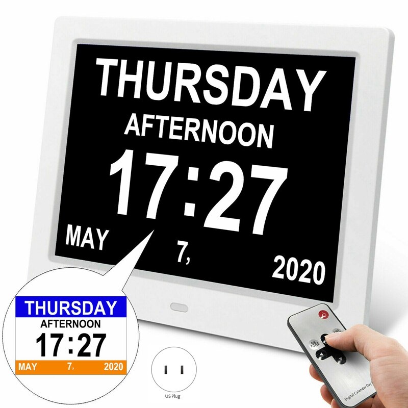 8 Polegada led tempo semana data calendário digital despertador para pessoas mais velhas com remoto eua plug