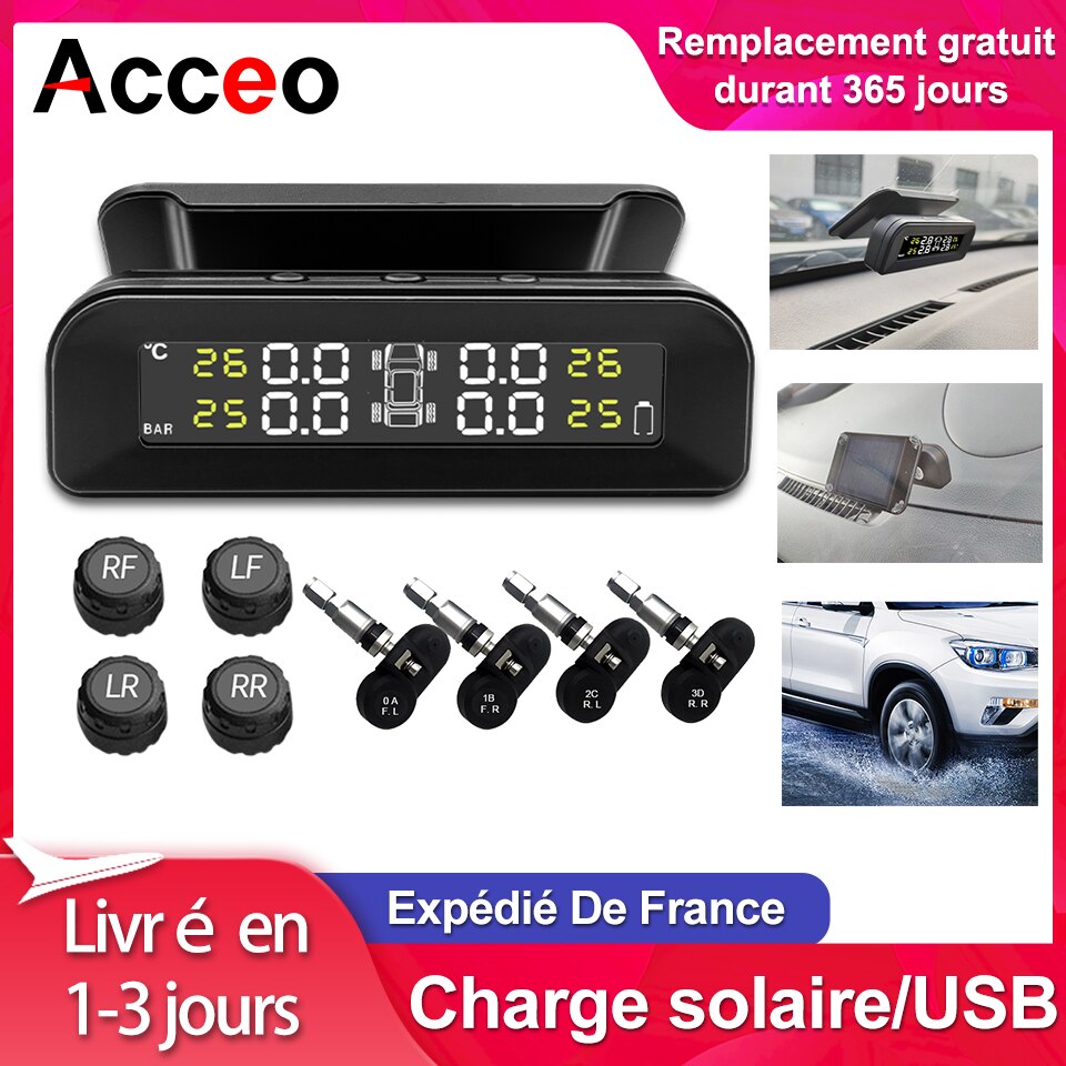 Acceo Smart TPMS Car Tire Pressure Alarm Monitor System 4 Sensors Display Solar Intelligent Tyre Pressure Temperature Warning