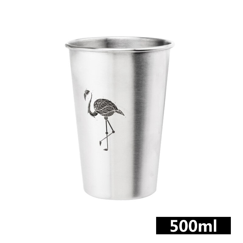Rustfrit stål vand pint kop med metal halm kaffe juice øl krus ekstern grå mat kant krøllet cylindrisk kop: Flamingo 500ml