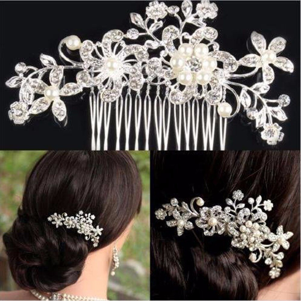 Frauen Mädchen Braut Hochzeit Silber Farbe Kristall Strass Diamant Blume Haar Clip Kamm Stift Bekleidung Zubehör Headwear Haar