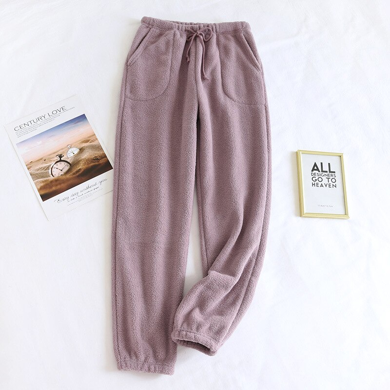 Pantalones de Casa gruesos y cálidos para mujer, ropa de dormir de terciopelo para parejas, de talla grande, suelta, de pijama, para invierno,: Women Purple / XL