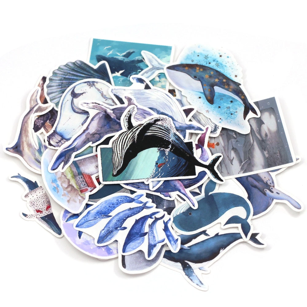 28pcs/bag Blue Whale Paper Stickers Deep Sea Dolphin Sticker Label Decorative Planner Scrapbooking Stationery Stickers DIY Diary